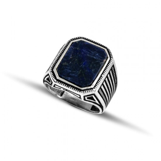 Ανδρικό δαχτυλίδι από μασίφ ασήμι 925 με γάμπα φιλιγκράν και με πέτρα σοδαλίτη