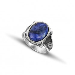 Ανδρικό δαχτυλίδι από μασίφ ασήμι 925 με οβάλ καπουσόν πέτρα σοδαλίτη - Χρώμα πέτρας μπλε