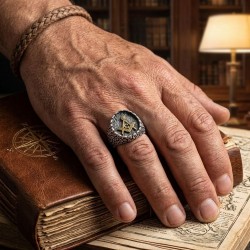Αντρικό δαχτυλίδι από μασίφ ασήμι 925 με γνώμονα και διαβήτη