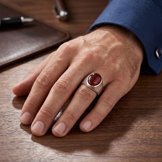 Ανδρικό δαχτυλίδι από μασίφ ασήμι 925 με καπουσόν οβάλ πέτρα κορνεόλη