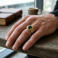 Ανδρικό δαχτυλίδι από μασίφ ασήμι 925 επιχρυσωμένο  με πέτρα βρυώδη αχάτη