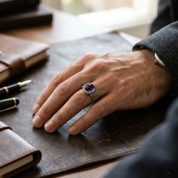 Ανδρικό δαχτυλίδι από μασίφ ασήμι 925  και στρογγυλή πέτρα αμέθυστο