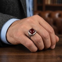 Ανδρικό αρχαϊκό σεβαλιέ δαχτυλίδι από μασίφ ασήμι 925 με κορνεόλη πέτρα 