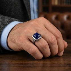Ανδρικό αρχαϊκό σεβαλιέ δαχτυλίδι από μασίφ ασήμι 925 με πέτρα σοδαλίτη