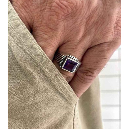 Sterling Silver 925 Men Ring with a square amethyst stone