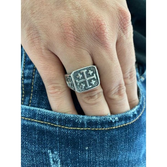 Ανδρικό δαχτυλίδι από μασίφ ασήμι 925 με τη σημαία του Βασιλείου της Ιερουσαλήμ