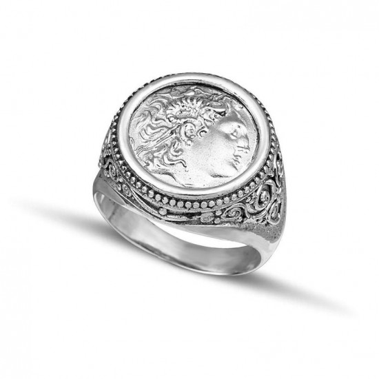 Ανδρικό στρογγυλό δαχτυλίδι από μασίφ ασήμι 925 με κεφαλή Μέγα Αλέξανδρου