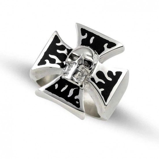 Σταυρός με νεκροκεφαλή ανδρικό δαχτυλίδι από μασίφ ασήμι 925 με μαύρο σμάλτο