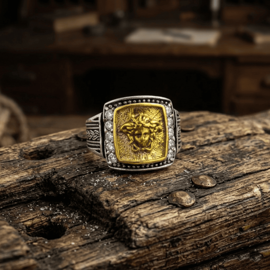 Ανδρικό δαχτυλίδι από ασήμι 925 με επιχρύσωμα στην κεντρική παράσταση που εικονίζει τη Μέδουσα 