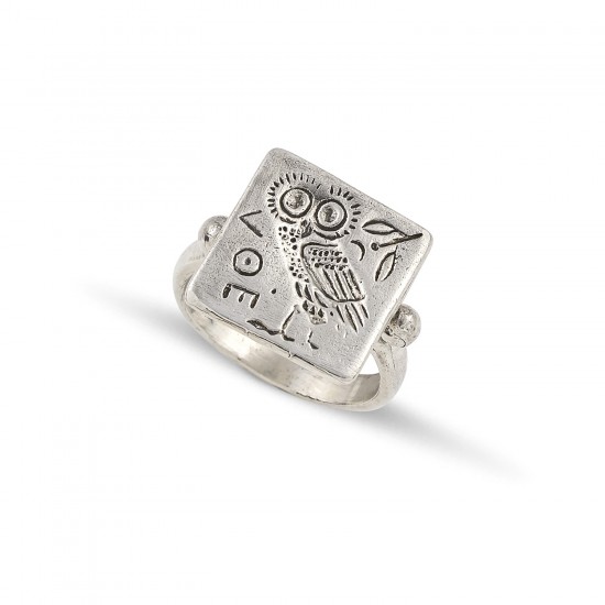 Ανδρικό δαχτυλίδι από μασίφ ασήμι 925 με παράσταση κουκουβάγιας
