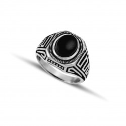 Ανδρικό δαχτυλίδι από μασίφ ασήμι 925 με μαίανδρο και όνυχα πέτρα - Κωδικός SR106