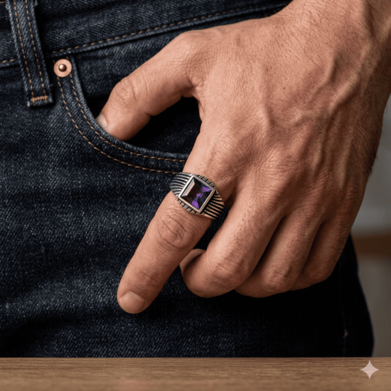 Ανδρικό σεβαλιέ δαχτυλίδι από μασίφ ασήμι 925 με πέτρα αμέθυστο