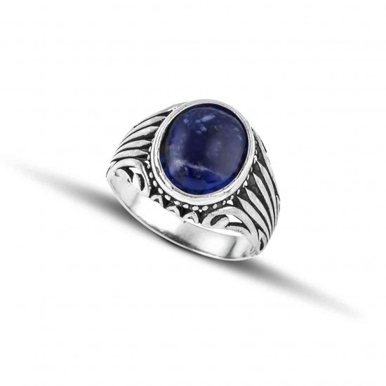 Ανδρικό δαχτυλίδι σεβαλιέ από μασίφ ασήμι 925 με καπουσόν πέτρα σοδαλίτη