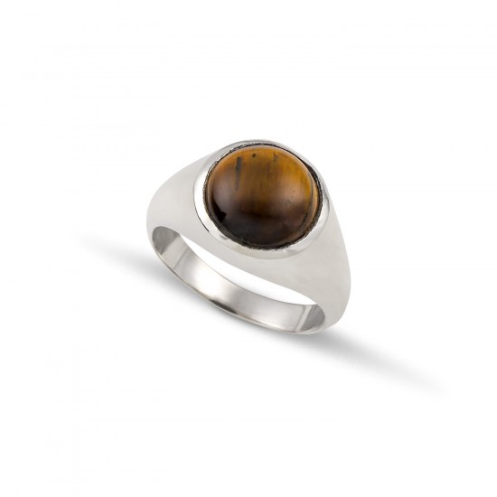 Ανδρικό σεβαλιέ δαχτυλίδι από ασήμι 925 με στρογγυλή πέτρα μάτι της τίγρης