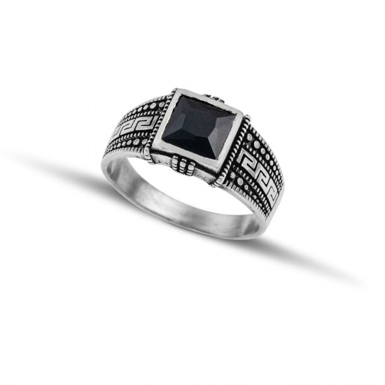 Ανδρικό δαχτυλίδι από μασίφ ασήμι 925 με μαίανδρο και πέτρα μαύρο ζιργκόν