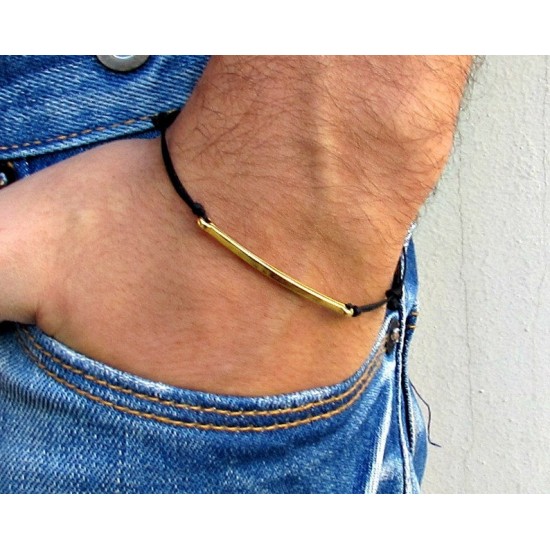 Ανδρικό βραχιόλι από κερωμένο κορδόνι με μοτίφ επίχρυση ή επάργυρη μπάρα