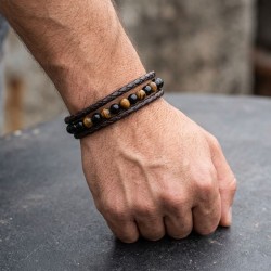 Ανδρικό βραχιόλι multistrand καφέ δέρμα με beads όνυχα