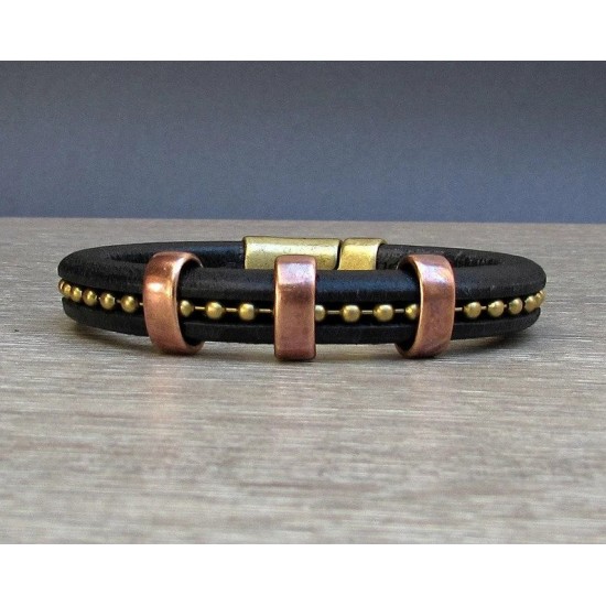 Ανδρικό δερμάτινο βραχιόλι με μαγνήτη και μπρούτζινη αλυσίδα ανάμεσα