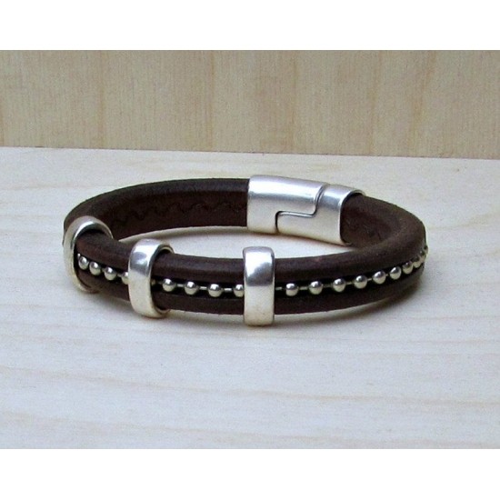 Ανδρικό δερμάτινο βραχιόλι με  αλυσίδα palline
