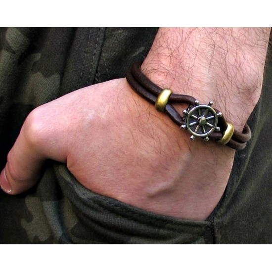 Αντρικό δερμάτινο βραχιόλι με μαγνήτη και ναυτικό τιμόνι