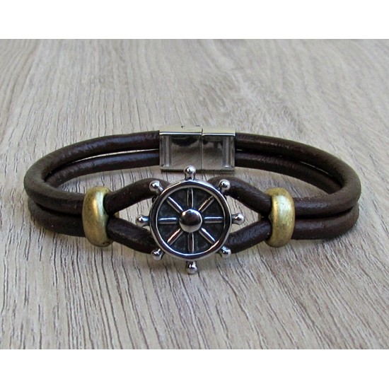 Αντρικό δερμάτινο βραχιόλι με μαγνήτη και ναυτικό τιμόνι