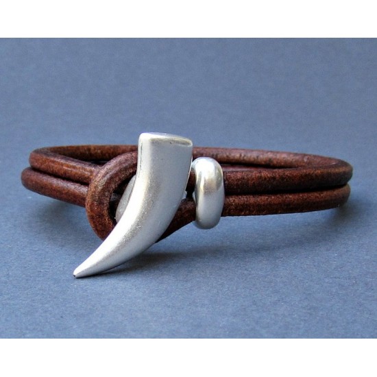 Ανδρικό δερμάτινο βραχιόλι δόντι του λύκου - Κόκκινο καφέ δέρμα