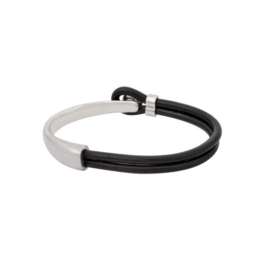 Δερμάτινο βραχιόλι χειροπέδα κουμπί από ασήμι 925 και μαύρο δέρμα