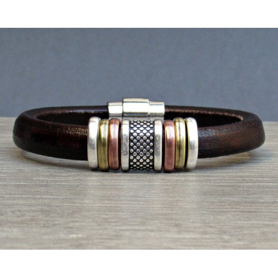 Ανδρικό βραχιόλι με δέρμα regaliz - Καφέ-Κόκκινο