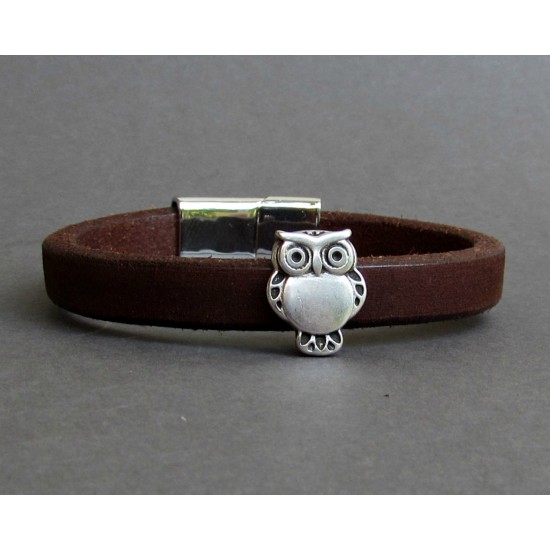 Ανδρικό βραχιόλι με δέρμα regaliz και μοτίφ κουκουβάγια - Καφέ - Κόκκινο