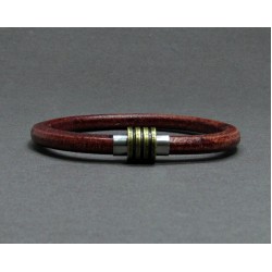 Βραχιόλι από δέρμα και δίχρωμο ατσάλινο μοτίφ - κούμπωμα