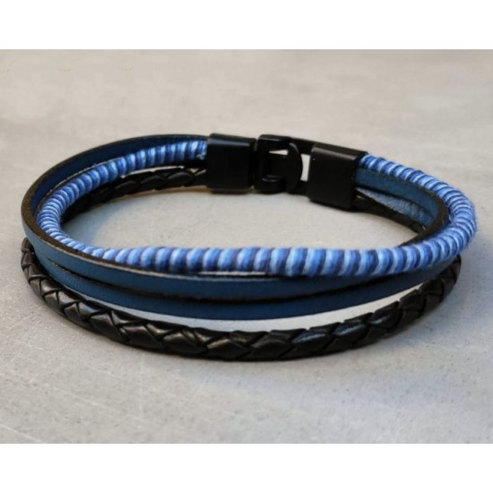 Ανδρικό βραχιόλι με 3 δερμάτινες λωρίδες σε αποχρώσεις του μπλέ
