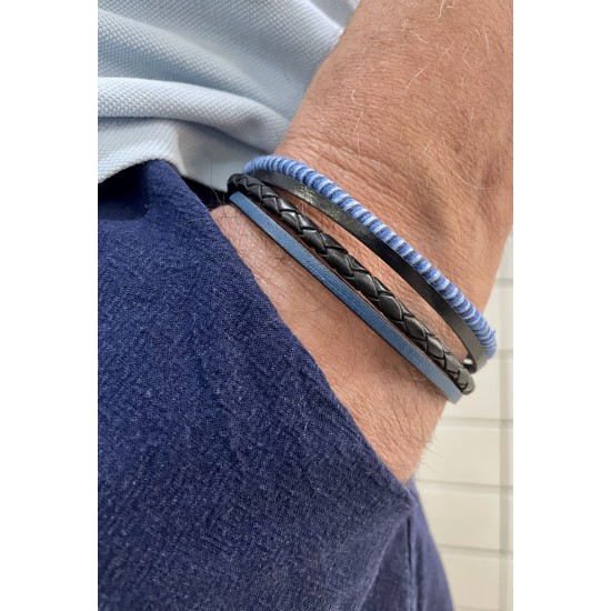 Ανδρικό βραχιόλι με 3 δερμάτινες λωρίδες σε αποχρώσεις του μπλέ