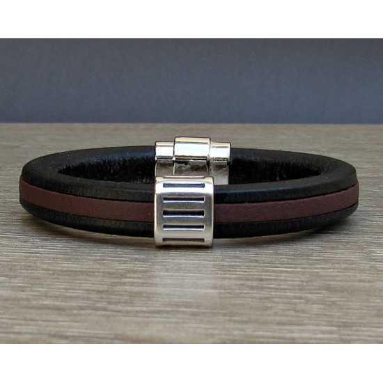 Ανδρικό βραχιόλι με δέρμα regaliz και μοτίφ - Μαύρο - Καφέ