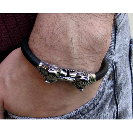 Ανδρικό δερμάτινο βραχιόλι με βίκινγκ στοιχεία - Μαύρο δέρμα