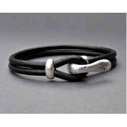 Ασημί γάντζος δερμάτινο ανδρικό βραχιόλι