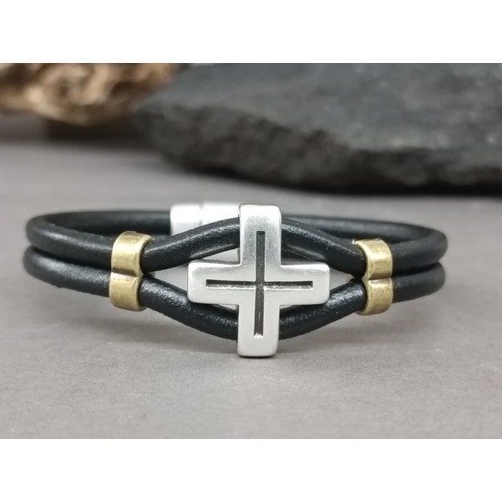 Δερμάτινο ανδρικό βραχιόλι με σταυρό