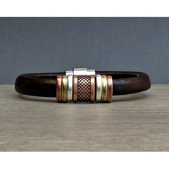 Ανδρικό βραχιόλι με δέρμα regaliz και τρίχρωμα μοτίφ  - Κόκκινο - Καφέ