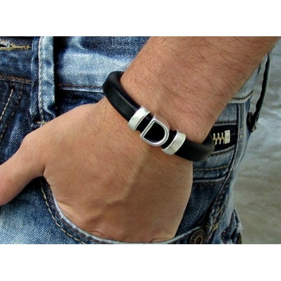 Ανδρικό βραχιόλι με δέρμα regalis και μονόγραμμα - Χρώμα δέρματος μαύρο
