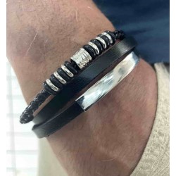 Ανδρικό βραχιόλι multistrand μαύρο δέρμα με beads