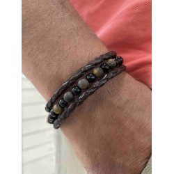 Ανδρικό βραχιόλι multistrand καφέ δέρμα με beads όνυχα