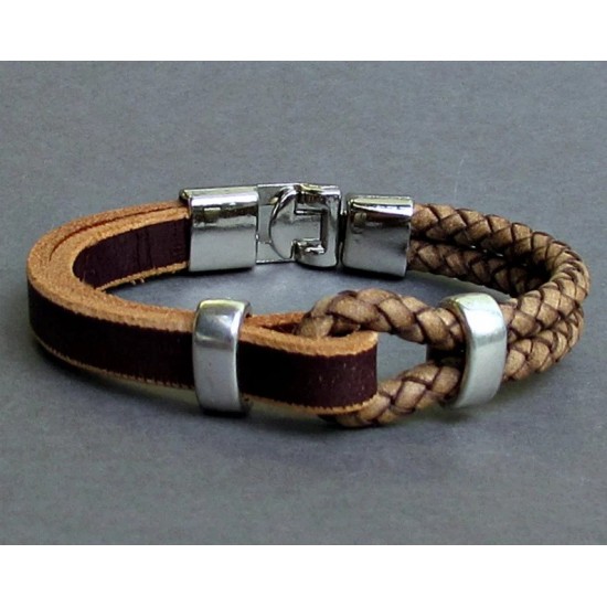 Brown, Natural, Braided Leather Bracelet