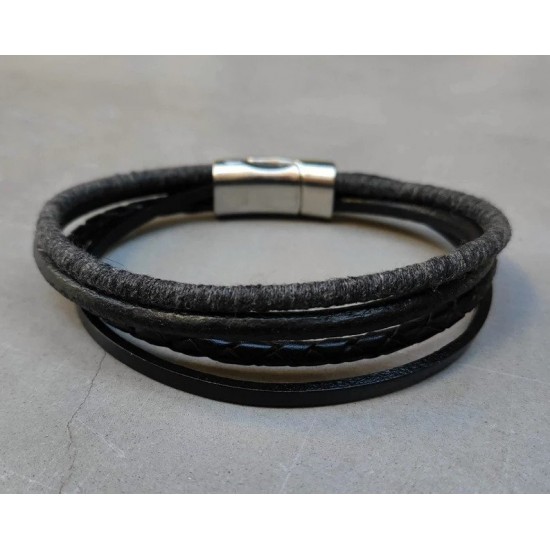 Ανδρικό βραχιόλι με Βαμβακερό Κορδόνι και Λωρίδες Δέρματος- Μαύρο Χρώμα