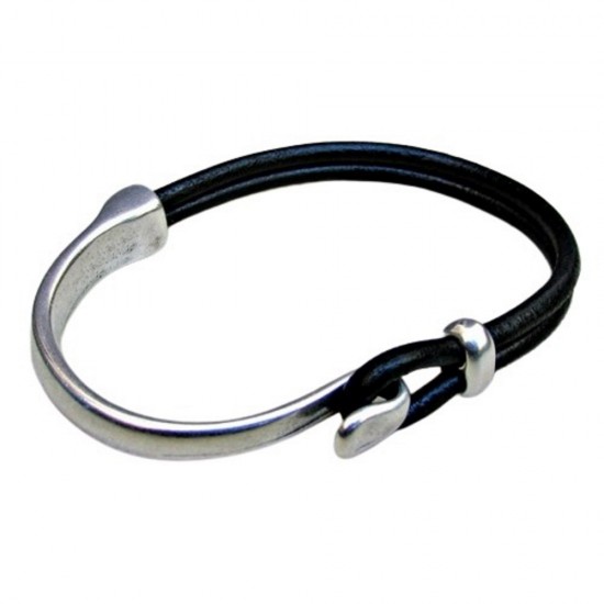 Δερμάτινο βραχιόλι χειροπέδα γάντζος από ασήμι 925 με μαύρο δέρμα