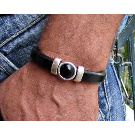 Δερμάτινο βραχιόλι με μαύρο δέρμα regaliz και πέτρα όνυχα