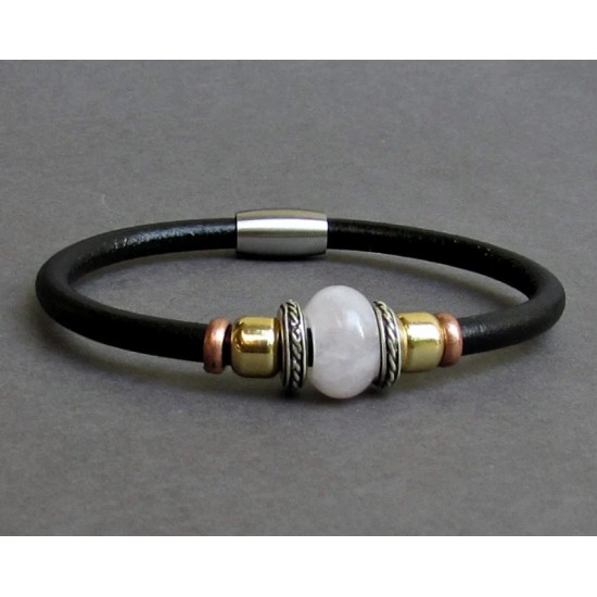 Ροζ Χαλαζίας-Unisex Δερμάτινο Βραχιόλι