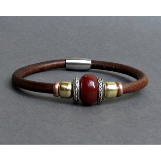 Κόκκινος Ίασπις-Unisex Δερμάτινο Βραχιόλι