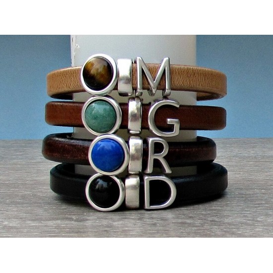 Δερμάτινο βραχιόλι με μαύρο δέρμα, πέτρα όνυχα και αρχικό γράμμα