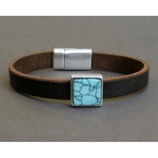 Ανδρικό βραχιόλι με καφέ δέρμα και πέτρα τυρκουάζ