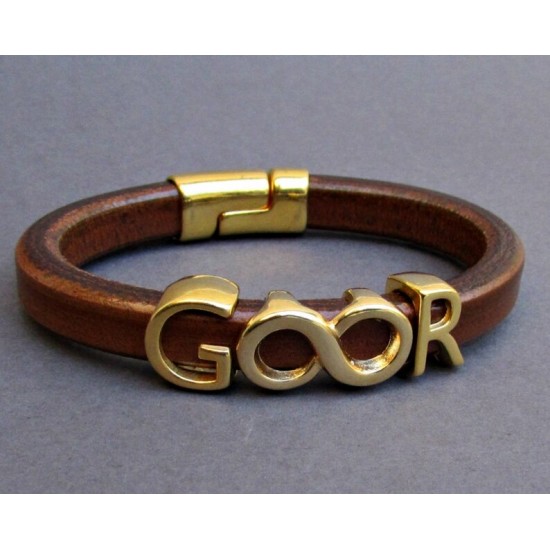 Ανδρικό βραχιόλι με δέρμα regaliz- Δύο αρχικά και άπειρο επίχρυσα