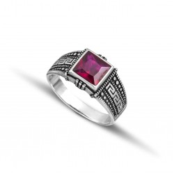 Sterling Silver 925 Men Ring with faceted red zircon stone